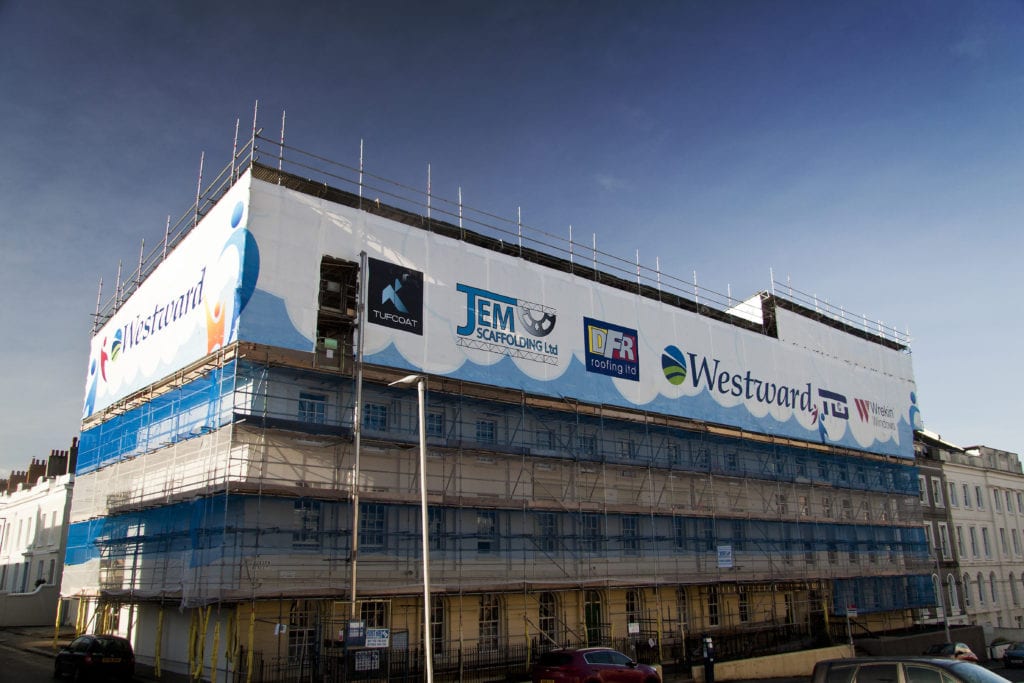 Tufcoat printed shrink-wrap Weatherproofing Plymouth House - JEM Scaffolding