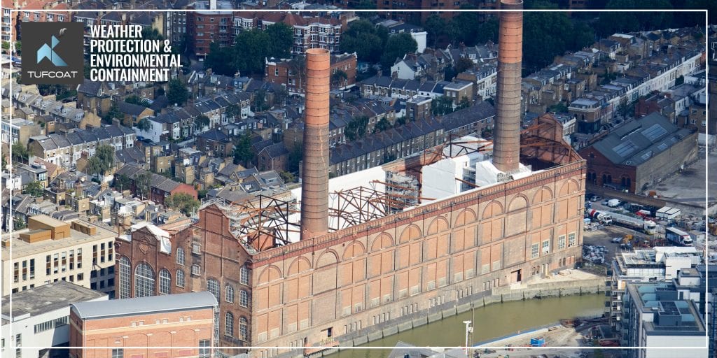 Lots Road Power Station. Scaffold Shrink-Wrap for containment of asbestos