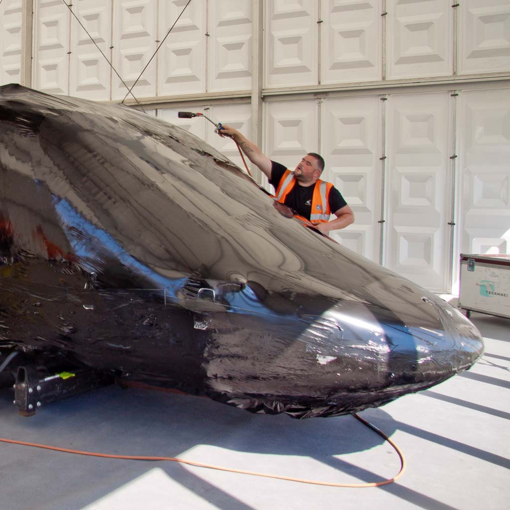 Helicopter Shrink-wrapped for transport protection