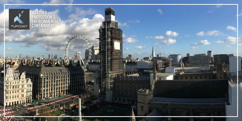 Elizabeth Tower Scaffold and South Clock face shrink-wrapped