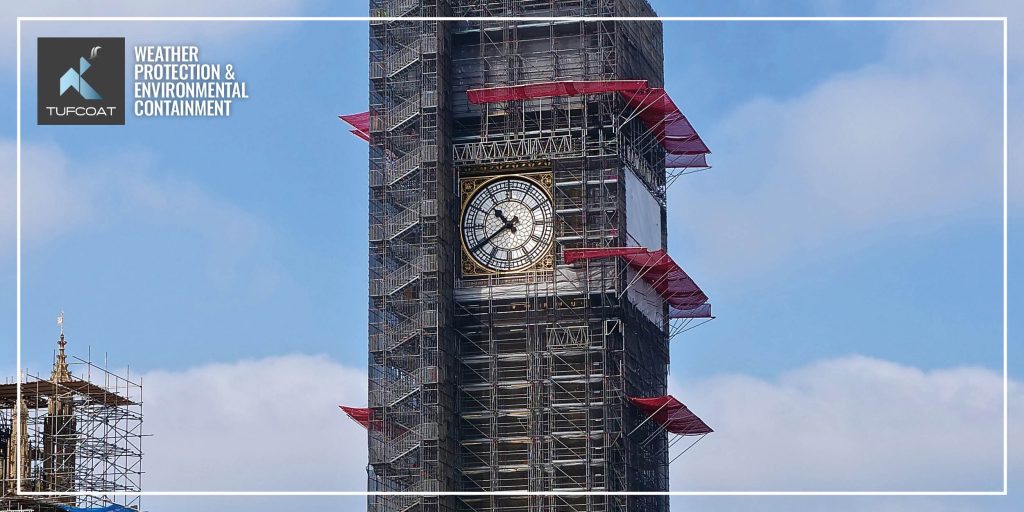 Elizabeth Tower Scaffold and North Clock face shrink-wrapped